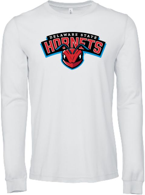 Delaware State Bella + Canvas Jersey Cotton Long Sleeve T Shirt Delaware State Hornet Head Wordmark - ONLINE ONLY