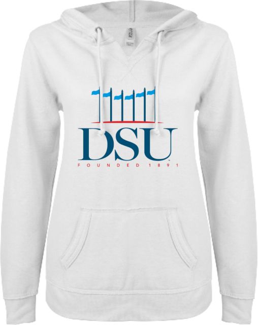 Delaware State ENZA Womens V Notch Raw Edge Fleece Hoodie DSU Academic with Flags - ONLINE ONLY